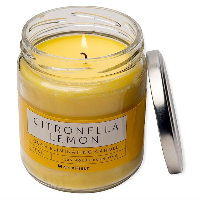 Maplefield Citronella Smoke Eliminator Scented Candle - Cooking & Kitchen Odor Neutralizer - Pet Odor Eliminator Home Freshener - Car Air Freshener & Room Deodorizer - 1 Oz, Yellow