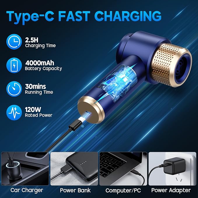 JONYJ Handheld Car Vacuum Cleaner, 16000PA Hand Held Vacuum Portable Cordless, 2 in 1 Air Duster and Vacuum Cleaner with LED Light, Multi-Nozzles, 120W High Power Mini Vacuum for Home, Pet, Office