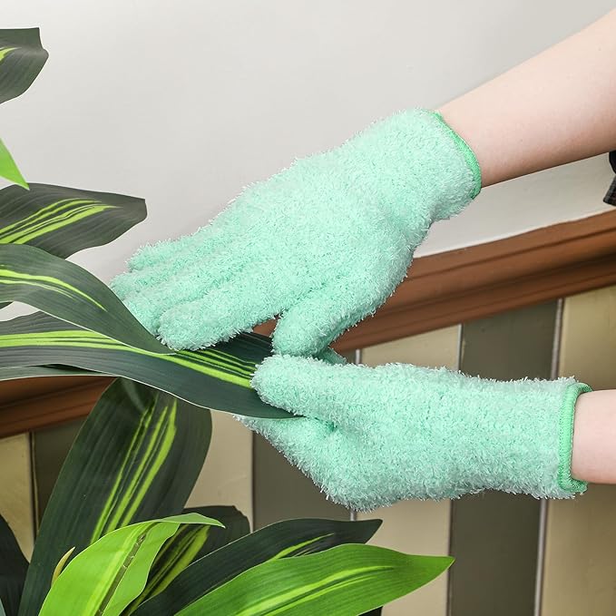 Patelai 3 Pairs Microfiber Plant Dusting Gloves Leaf Cleaning Gloves for Indoor Plants, Blinds, Furniture, House(Green Yellow, Water Blue, Pink,Large)
