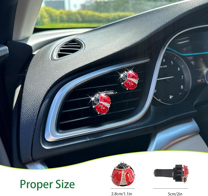 Ladybug Car Decor,2pcs Bling Lady Bug Air Vent Clips Car Air Freshener,Cute Red Car Accessories Gift for Women,Refillable Rhinestone Aroma Diffuser
