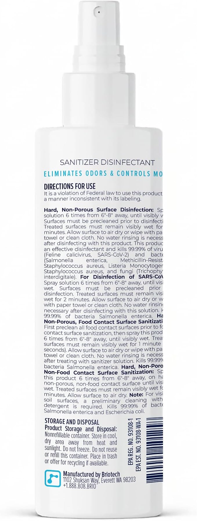 BRIOTECH Sanitizer Disinfectant Hypochlorous Spray, Kill 99.99% of Viruses & Bacteria, Control Mold, Eliminate Odor, Gentle for Nursery & Play Rooms, Food Contact Surface Sanitizer, 8.5 fl oz