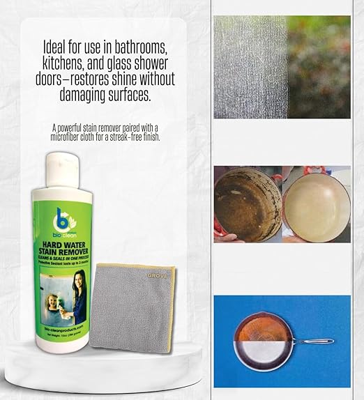 2x Bio-Clean 10 oz Hard Water Stain Remover Bundle with Microfiber Cloth – Removes Mineral Deposits and Spots from Glass, Tile, and Chrome Surfaces – Gift Set (3 Items)