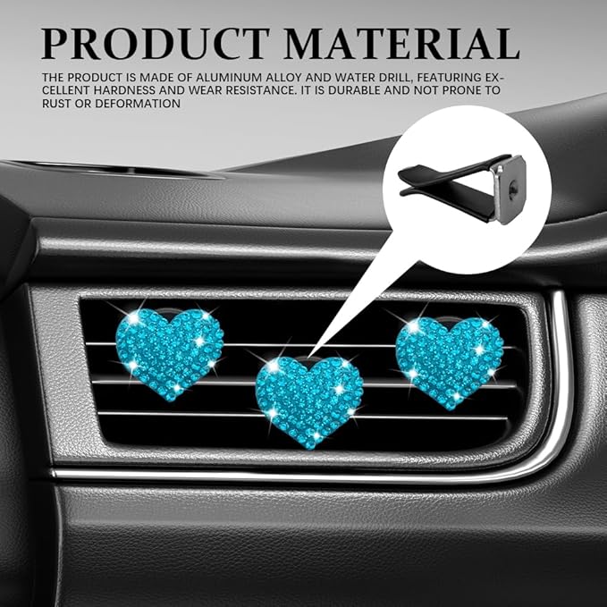 4PCS Heart-Shaped Car Vent Clip with Rhinestone, Vent Clip Car Accessories, Sparkly Rhinestone Bling Diamond Freshener Holder, Air Conditioning Outlet Ornament for Women Girls (Blue, Style1)