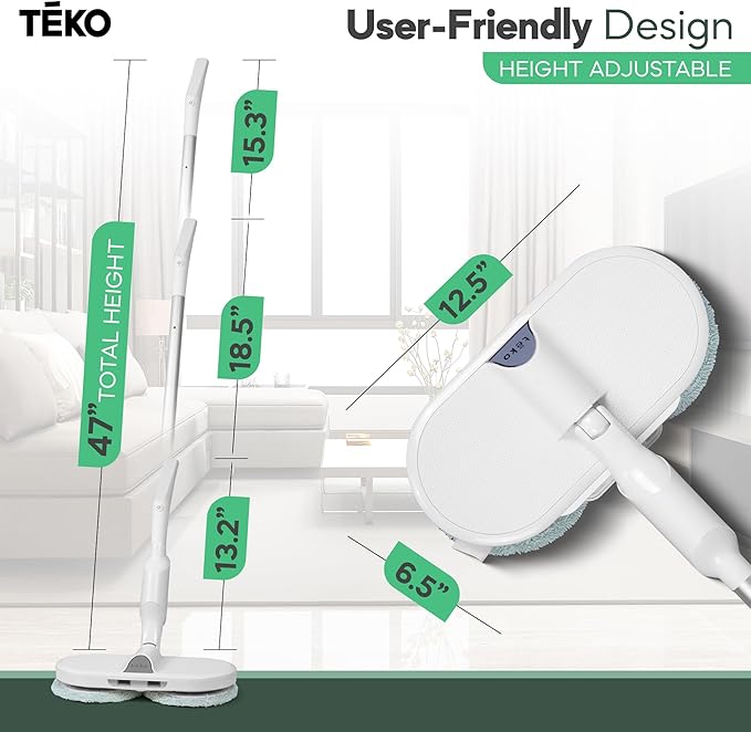 TEKO Electric Power Mop | Hardwood Floor Mop with Baseboard Cleaner Attachment | Washable Pads Included