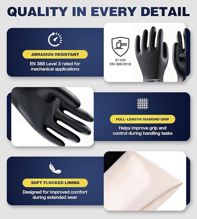 Heavy Duty Rubber Safety Work Gloves, Chemical Resistant Latex Gloves for Cleaning, Acid & Alkali Protection, Hazmat Use, Black, Large