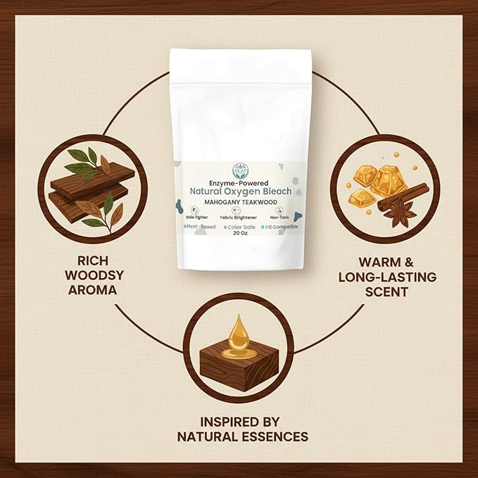 Enzyme-Powered Natural Oxygen Bleach (Powder) - Mahogany Teakwood | Chlorine-Free Stain Remover & Laundry Whitener | Safe for Colors, Septic, Baby Clothes | Eco-Friendly Cleaner | 20 Oz