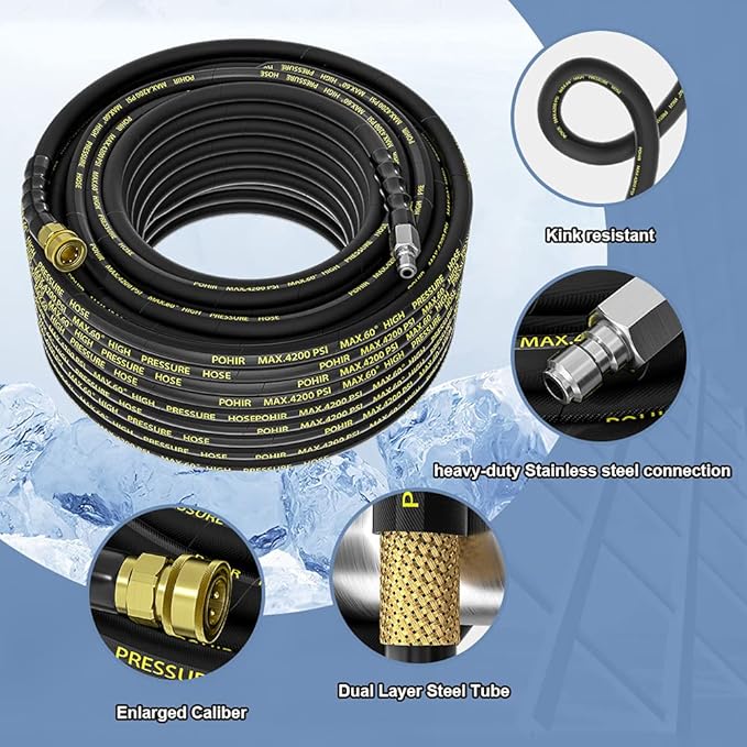 POHIR Power Washer Hose 125FT, High Pressure Washer Hose with 3/8'' Quick Connector, Steel Wire Braided Hose with 2 Quick Connect Kits Compatible M22 14 mm, Hose for Pressure Washer 4200 PSI