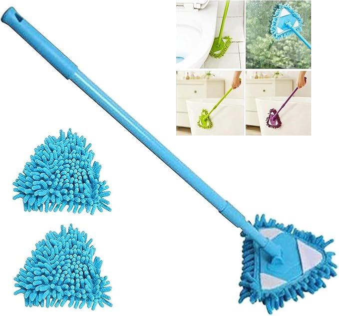 2022 New Rotatable Triangle Cleaning Mop with 2 Mop Replacement Heads, 180 Degree Spin, Wet & Dry Microfiber Ecloth for Bathroom Floor, Wall (Blue)