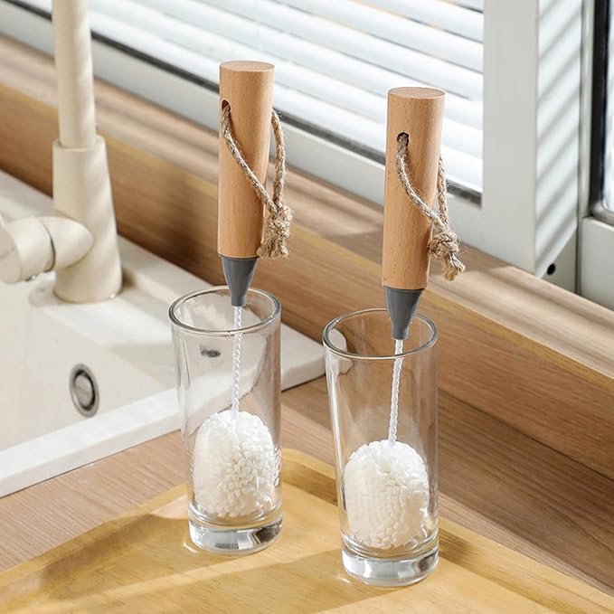 Wine Glass Cleaner Set, Non-Scratch Bristle Brushes with Wooden Handle, Safe for Crystal Champagne Flutes Stemware (2Pcs)