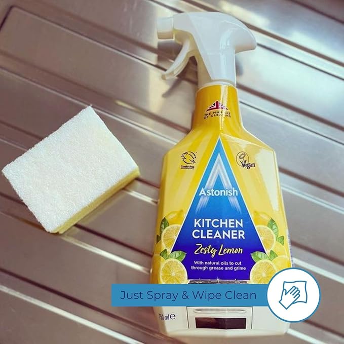 Astonish Zesty Lemon Scented Kitchen Cleaner - All Purpose Cleaning Solution Removes Grease, Grime, & Surface Stains - Cruelty Free Kitchen Grease And Multi Surface Cleaner - 750ml Spray Bottle
