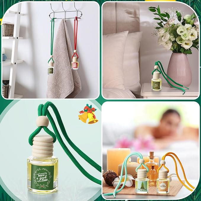 Boao 15 Pcs Christmas Employee Appreciation Gifts Hanging Car Air Freshener Diffuser Bottles Bulk Empty Perfume Glass Bottle Pendant with Christmas Tree Cards & Stickers for Essential Oil Fragrance