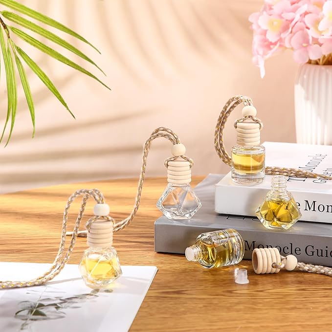 BBTO 200 Pcs Hanging Car Diffuser Bottle Bulk Empty Clear Glass Perfume Bottles Air Freshener Pendant for Essential Oils Fragrance Aromatherapy Car Interior (Diamond, Cylinder)