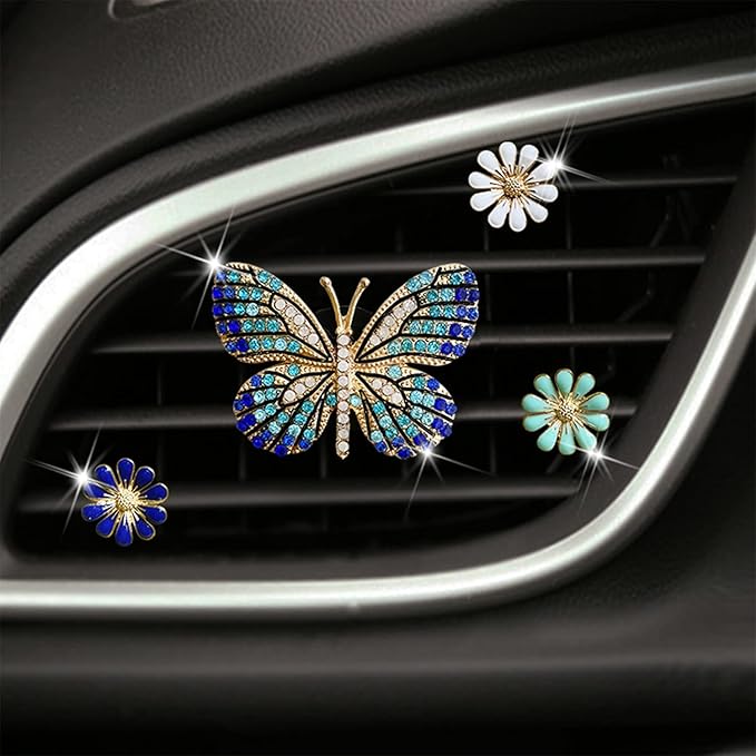 Bling Butterfly Car Clip Decor Interior，Cute Car Vent Clips Dashboard Decorations, Car Accessories Air Aromatherapy Vent Clip,Car Air Freshener Vent Clips, Rhinestone Car Accessories for Girls Womens Car Interior Decoration Cute Set (Blue Butterfly + 3...