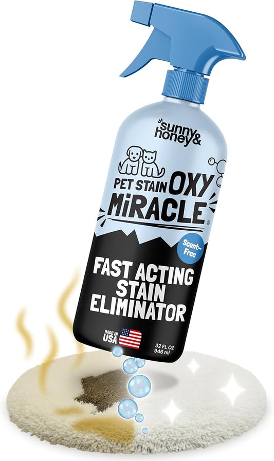 Sunny & Honey Oxy Pet Stain and Surface Odor Remover - Fast Acting Carpet Cleaner Spray to Eliminate Dog Pee, Vomit, and Stubborn Stains - Unscented, 32oz