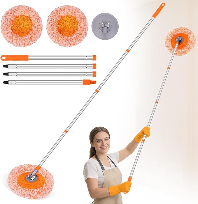 Wall Mop for Painted Walls, Wall Cleaner Mop with 104''/ 62" Long Handle, Dry Mop for Wall Floor Ceiling Cleaning, 2 Reusable Pads (Orange)