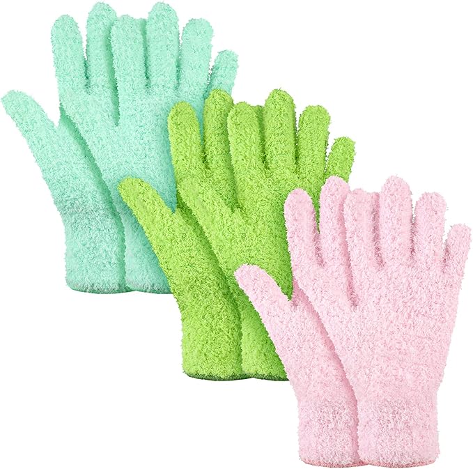 Patelai 3 Pairs Microfiber Plant Dusting Gloves Leaf Cleaning Gloves for Indoor Plants, Blinds, Furniture, House(Green Yellow, Water Blue, Pink,Large)