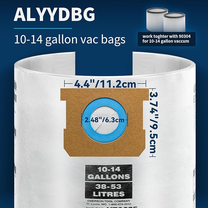 for 2-1/2" Port Shop Vac Bags 10-14 Gallon, Type F 90662 9066200 9066233; Type I 90672 9067200 9067233; VF2005, High Efficiency Disposable Fine Dust Collection Vacuum Filter Bags (5 Pack)