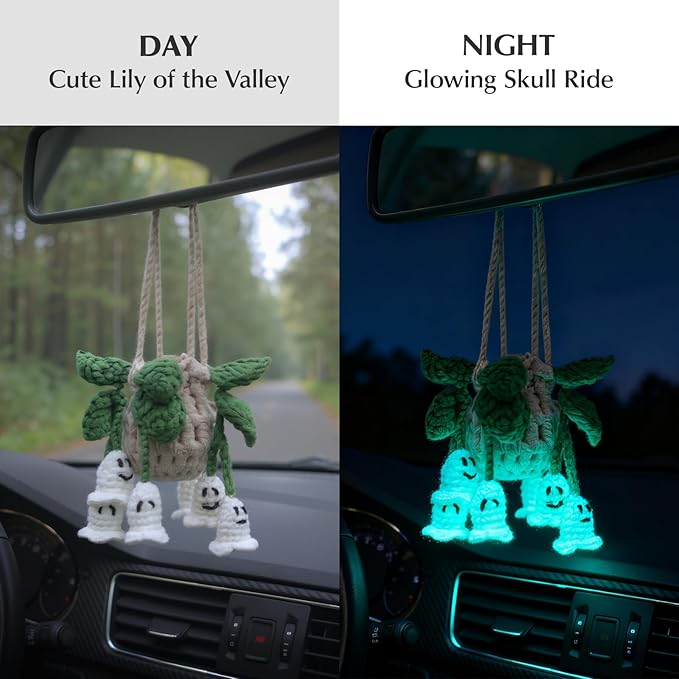 Handmade Crochet Hanging Car Air Freshener - Glow-in-the-Dark Lily of the Valley Plant with 12ml Refillable Essential Oil Diffuser Bottle, Halloween Car Accessories & Bedroom Nightlight Decor