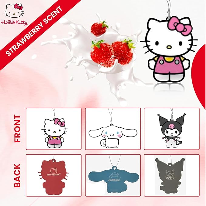 Hello Kitty Air Freshener | Cinnamoroll, Kuromi, & Kawaii Kitty Air Freshner | Car & Home Use | Strawberry Scented | 3-Pack | Officially Licensed