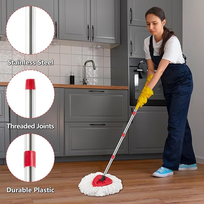 Spin Mop Replacement Set, Compatible with O-Ceda EasyWring 1-Tank Spin Mops 2 Microfiber Mop Head Refills, Adjustable 30–58 in Stainless Steel Handle, Scrubber Brush Head and Spin Base (M, Round)