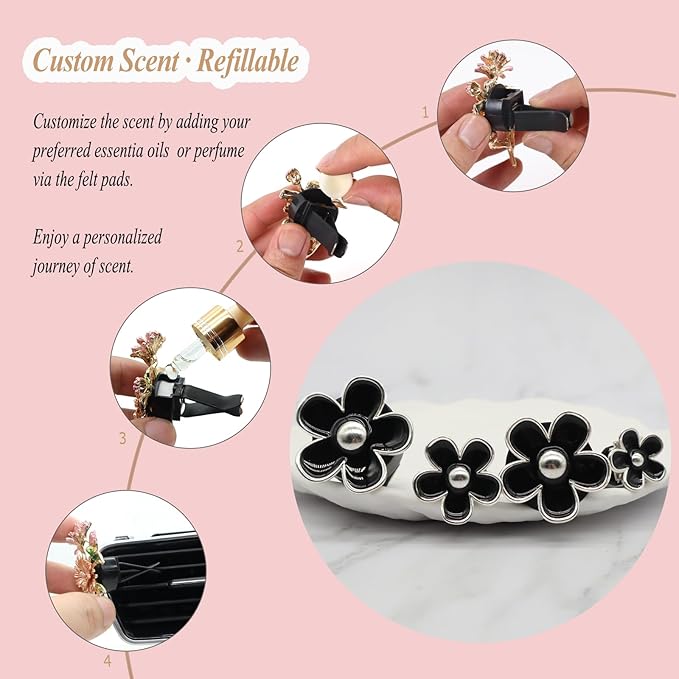 4pcs Cute Daisy Flowers Car Air Freshener Vent Clips,Girly Flowers Car Accessories for Women,4 Sizes Sparkle Black Silver Flower Car Vent Clips,Refillable Clips On Car Diffuser