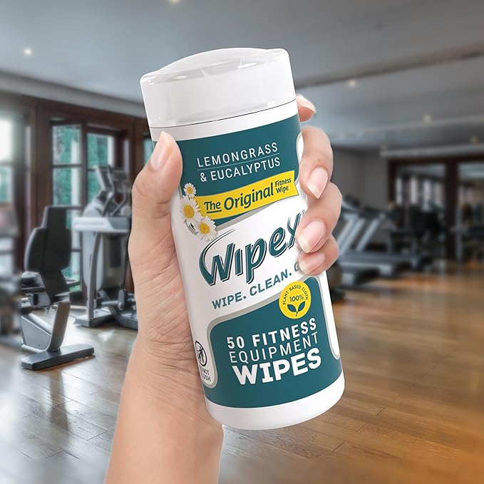 Wipex Fitness Equipment Wipes - EWG Verified - 50 Ct Original Natural Plant Based Gym Wipes for Equipment, Clean Surfaces at Home or Gym, Use as a Yoga Mat Cleaner, Lemongrass, Eucalyptus & Vinegar