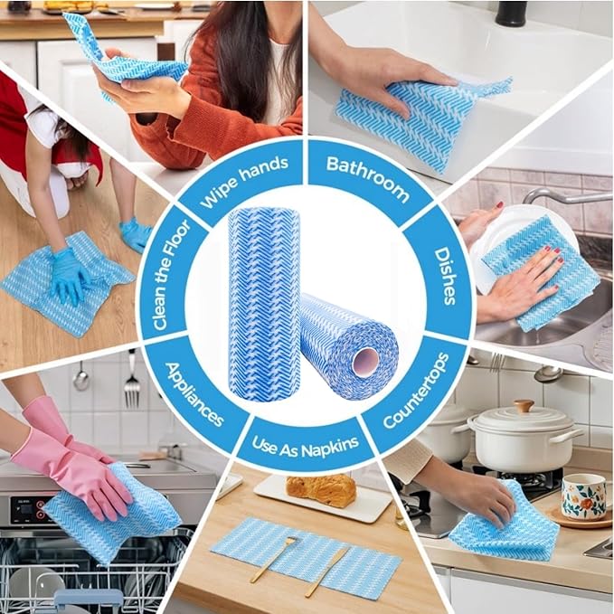 SUZZYVINE Reusable Dish Cloths Disposable Rags For Kitchen Reusable Kitchen Paper Towels All Purpose Cleaning Cloths Handi Wipes On Roll,2 Rolls of 200 Sheets（Blue）
