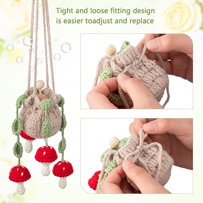 Cute Crochet Plant Car Freshener 12ml Empty Refillable Diffuser Bottle with Plants Hanging Accessories for Rearview Mirror Home Office Decor Women Mother's Day Gifts(Mushroom)