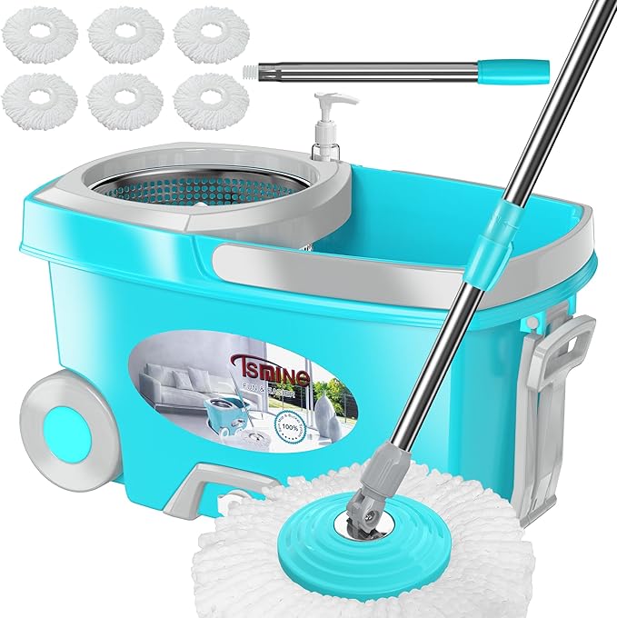 Spin Mop Bucket and FunClean Blue Mop Bucket with 12 Pcs Mop Heads