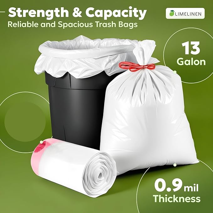 LIMELINEN Tall Kitchen Trash Bags with Drawstring, 1000 Count, 13-gallon Trash Bag of 0.9 mil Thickness, Leak and Odor-Resistant, Heavy-Duty Plastic Garbage Bags for Home and Commercial Use