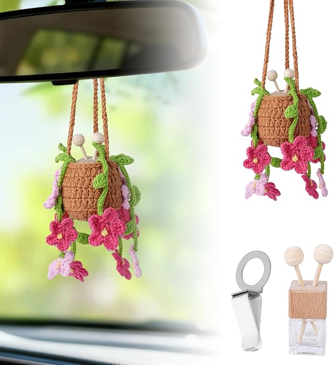 Crochet Car Air Freshener, 8 ml Empty Refillable Oil Diffuser Bottle with Hanging Crochet Red Daisies Plant & Hanging Tools, Car Rearview Mirror Diffuser for Wall Art & Home & Office Decoration