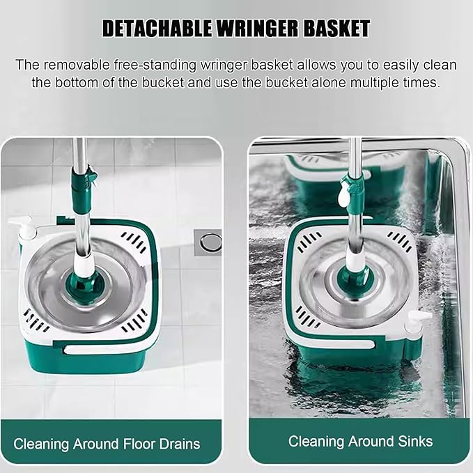 Spin Mop & Bucket Set for Home - 360° Spinning Mop and Detachable Inner Wringer Basket - 5 Microfiber Replacement Head Refills for All Surface Floor Cleaning,Green