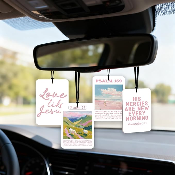 4 Pcs Pink Christian Car Air Fresheners, Bible Verse Hanging Fresheners for Women, Religious Inspirational Decor, Floral Scripture Mirror Fresheners for Car, Closet & Gift Use (Pink Christian)