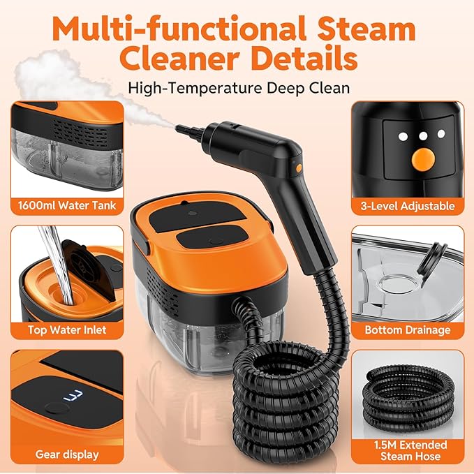 Steam Cleaner for Home & Car, 15s Fast Heat Handheld Steamer for Cleaning, 1.6L Large Tank, 3-Level Steam Control with 16-Piece Accessories Kit for Floors, Couches, Tiles, Grout, Dirt, and Grease