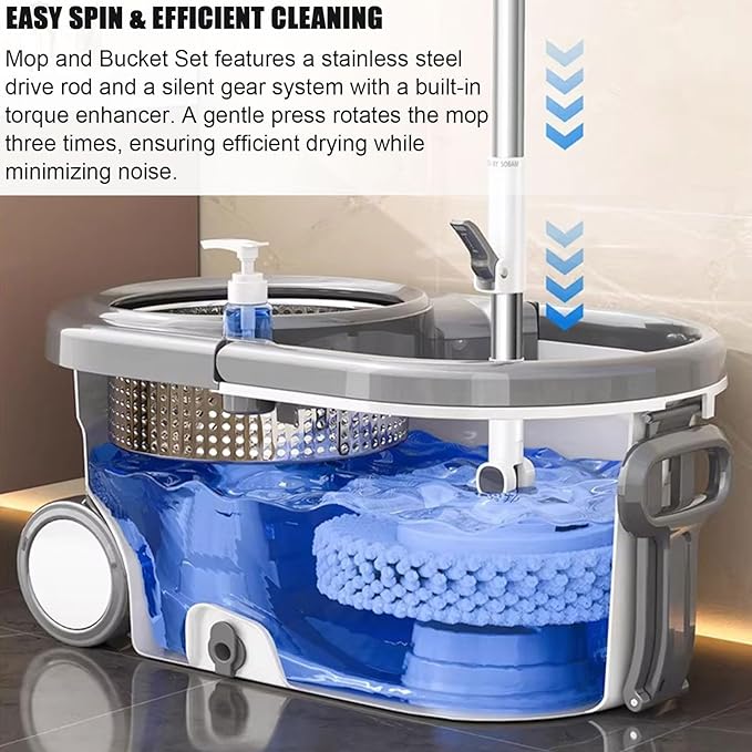 Spin Mop and Bucket Wringer Set for Home, 360° Spinning Mop Bucket System Wet Dust Mop for Floor Cleaning with 5 Microfiber Heads