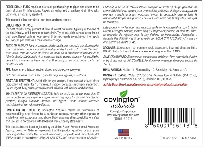 Covington Drain Fly Treatment Gel (32oz) – Drain Fly and Fruit Fly Solution for Kitchen and Bathroom Drains – Plant-Based Formula – Made in USA