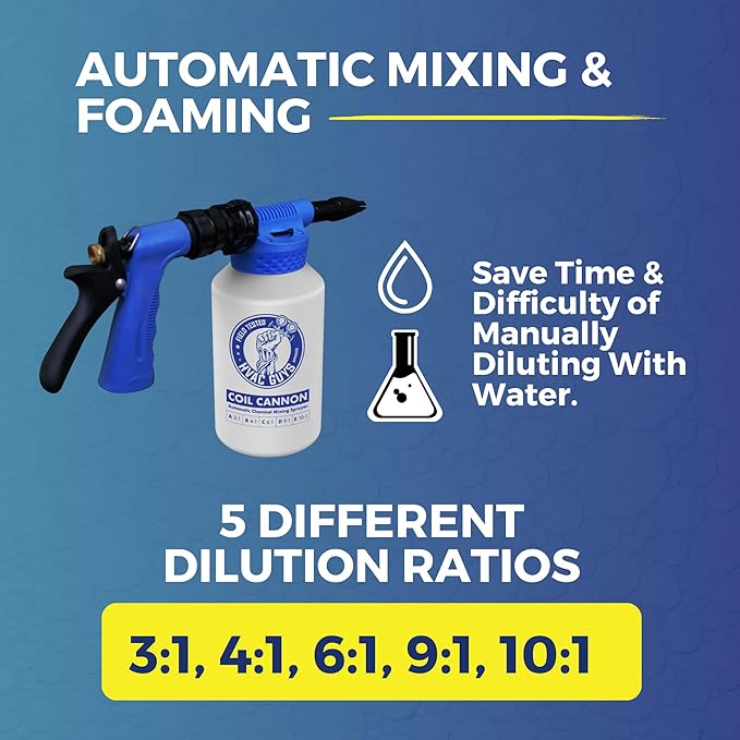 Coil Cannon | AC Coil Cleaner Automatic Foaming Mixing Sprayer | Compatible with All Cleaners & Chemicals | 5 Dilution Ratios