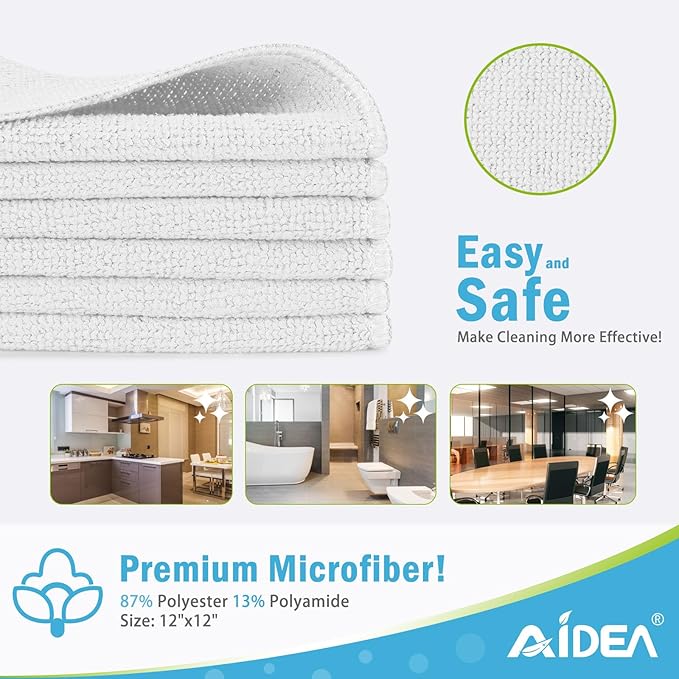 AIDEA Microfiber Cleaning Cloth-12PK, Soft Microfiber Towels for Cars, Absorbent Cleaning Rags, Lint-Free Streak-Free Wash Cloths for House, Kitchen, Window(12in.x12in), White