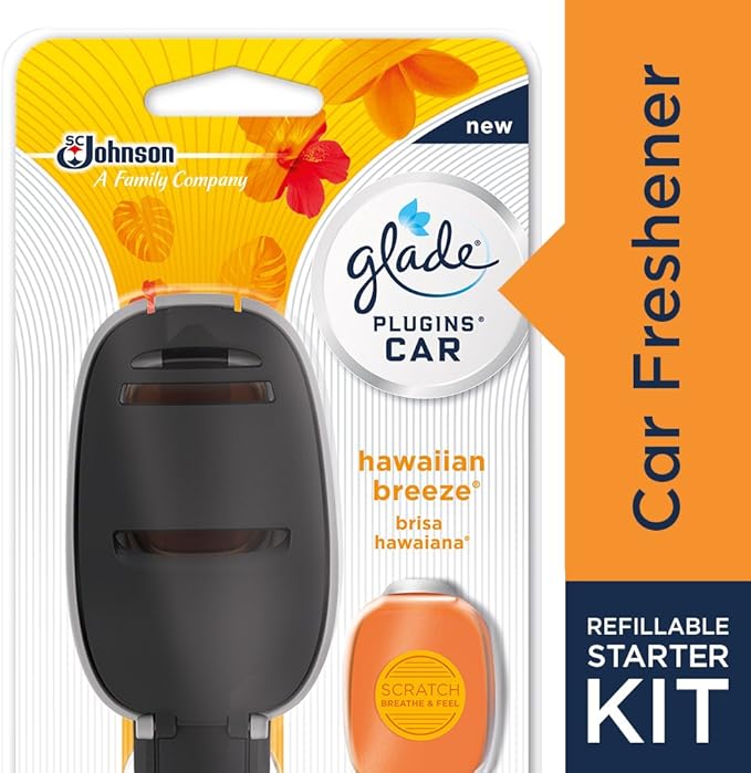 Glade PlugIns Car Air Freshener Starter Kit, Hawaiian Breeze, 1 Warmer + 4 Refills