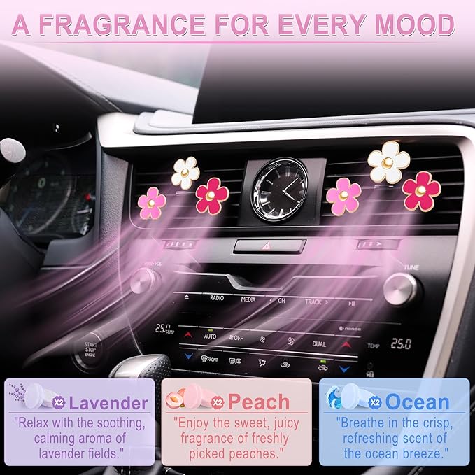 LivTee 6 Pack Cute Daisy Flower Car Vent Clips, Air Freshener Car Accessories, Air Vent Clips for Women and Girls, Flower Vent Clips for Car Interior Decoration(3cm, 3.3cm, Red, Pink, White)