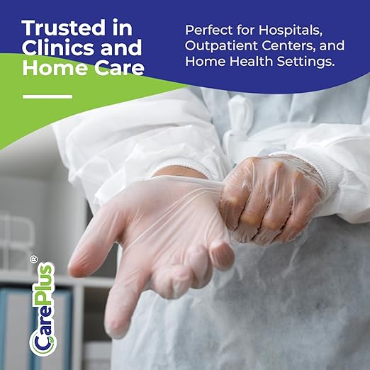 CARE PLUS Latex-Free Vinyl Gloves Clear Large Size 100 Count | Heavy Duty, Non-Sterile, Powder-Free, Rubber | Food Prep, Kitchen & Cleaning Gloves, Ideal for Professional Use