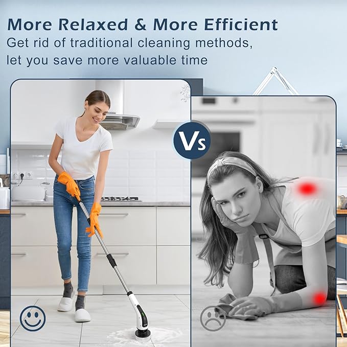 Electric Spin Scrubber, Cordless Cleaning Brush Scrubber for Home, 8 Replaceable Brush Heads-90Mins Work Time, 3 Adjustable Size, 2 Speeds for Bathroom Shower Bathtub Glass Car