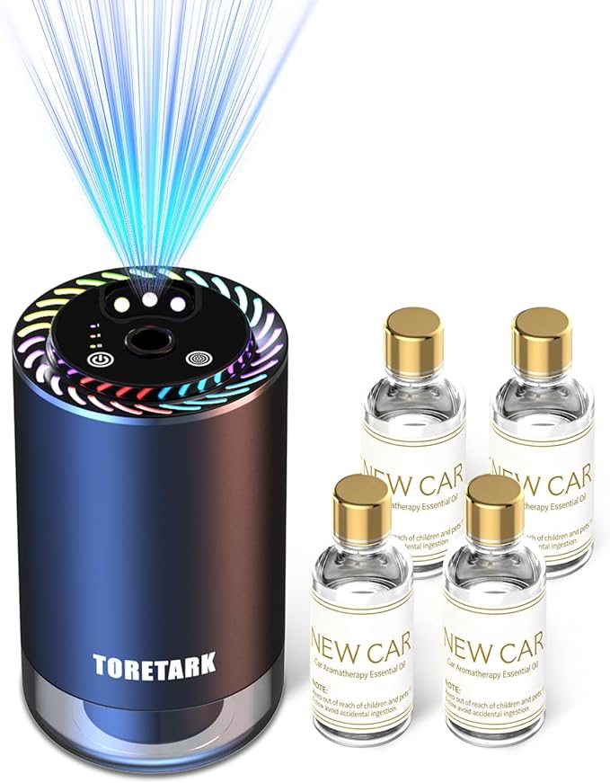 Smart Car Air Freshener with Star Light & Diffusers Oil Refills, Auto On/Off Aroma Diffuser, 3 Adjustable Mist Modes Rechargeable Aromatizante para Carro - Car Diffuser (New Car Smell*4)