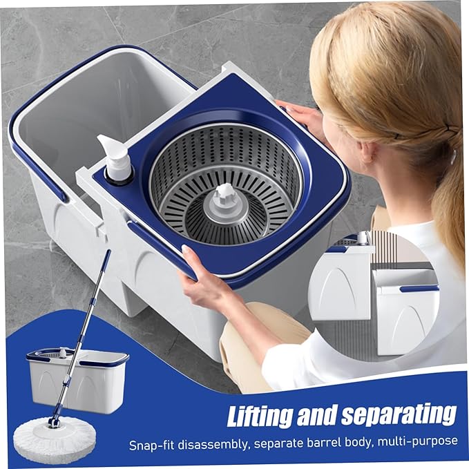 Spin Mop and Bucket Set 43-51" Telescopic Microfiber 15" Round Mop with Wringer, 2 Pads & Detachable 2 Compartment Bucket with Draining Hole for Home ...