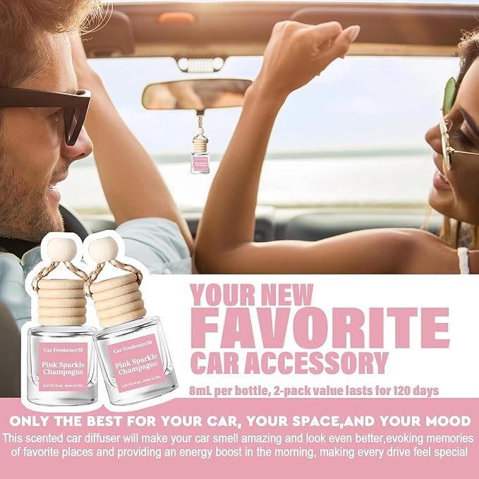C Classy Car Air Freshener Hanging 2 Pack, Pink Sparkle Champagne Essential Oil Diffuser for Cars, Cute Glass Bottle Car Accessories for Women & Men Gift, Long-Lasting Fragrance, Made in USA
