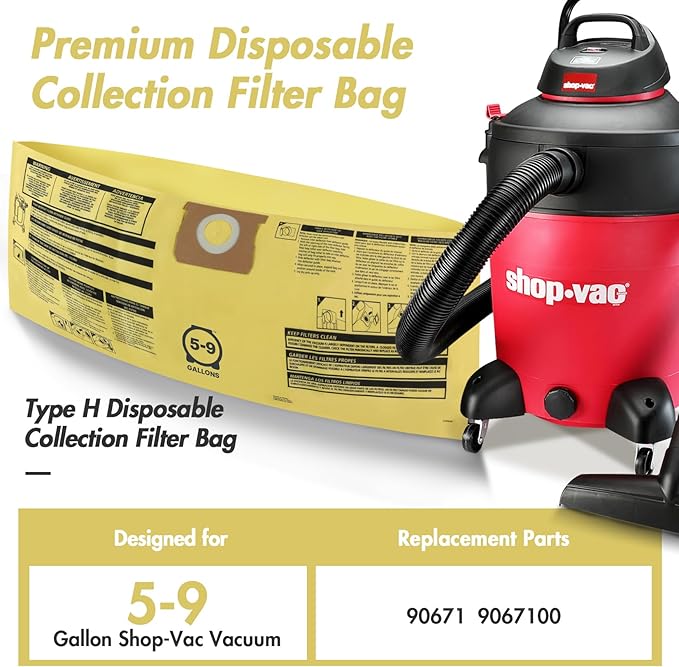 Shop-Vac 90671 Genuine Type H 5-to-9-Gallon High-Efficiency Disposable Collection Filter Bag 4 Pack, Yellow
