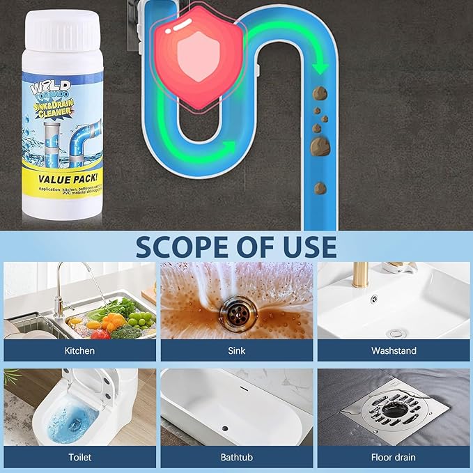 Wild Tornado Pipe Dredge, Powerful Sink and Drain Cleaner Powder, Wild Tornado Sink and Drain Cleaner for Kitchen Toilet Pipeline Quick Cleaning Tool (2PCS)