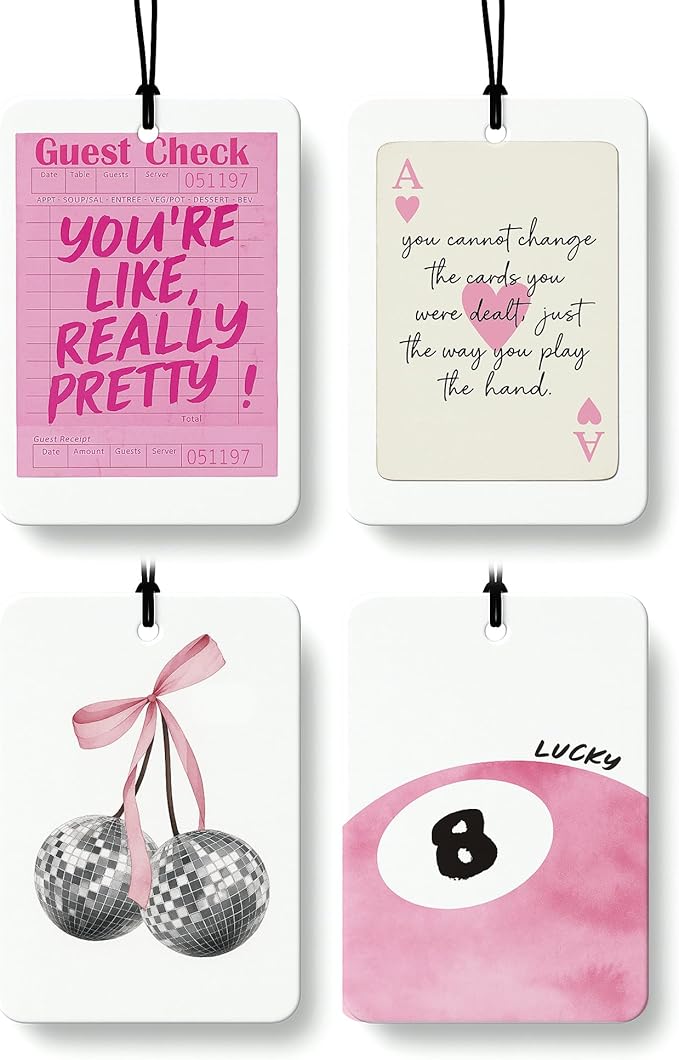 Pink Lucky 8 Ball Car Air Freshener 4 Pcs, Trendy Coquette Bow Disco Ball Inspirational Hanging Air Freshener for Cars Closet Drawer Books, Girly Car Accessories Mirror Decor for Women