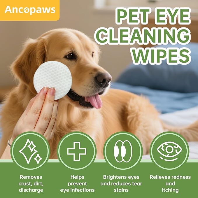 Hypoallergenic Eye Wipes for Dogs & Cats - Tear Stain Remover & Cleaner - Gently Removes Discharge, Crust, Mucus, Debris - Pet Cleaning Deodorizing Wipes for Wrinkle & Face - Natural, Unscent (100 Ct)