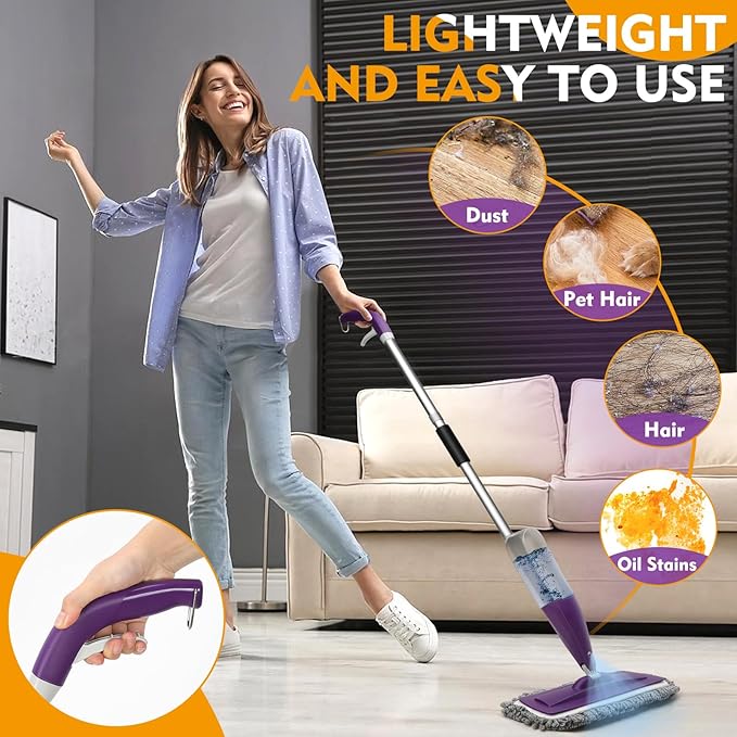 Spray Mop for Floor Cleaning with Washable Pads, Microfiber Wet Mops with 800 ml Refillable Bottle,Reusable Dust Mops with Sprayer for Hardwood Laminate Vinyl Tile Cleaning (Purple, 800 ML)